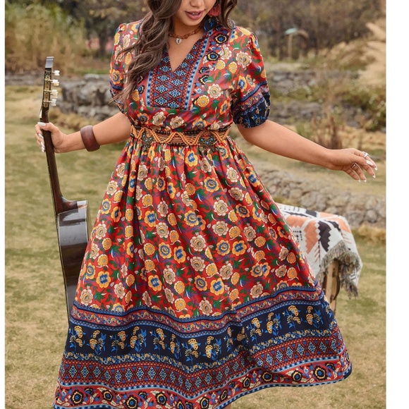 Boho Floral Print Notched Neck Puff Sleeve Dress - Picture 1 of 5
